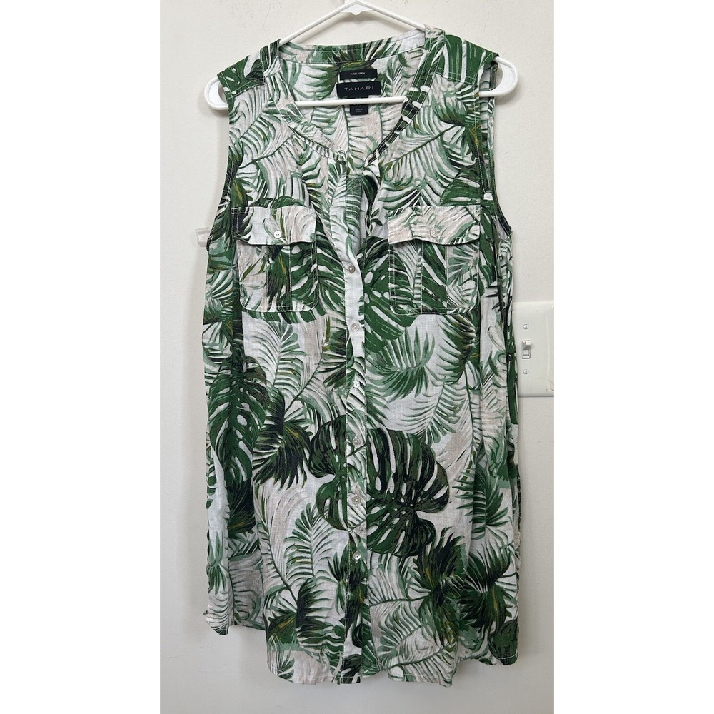 Tahari Tropical Palm‎ White Green 100% Linen Sleeveless Tunic Shirt Top Size 1X